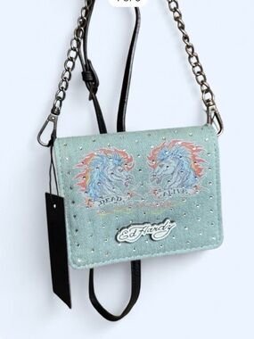 NWT Y2K Ed Hardy Light Blue Unicorn  Studded Crossbody Bag